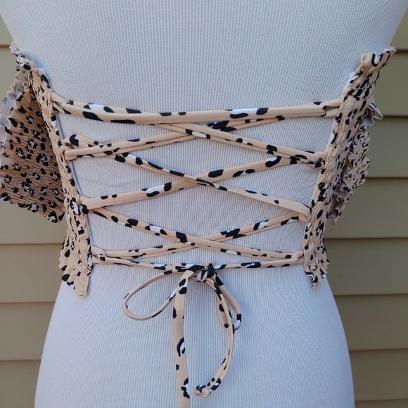 Xhilaration Animal Print Bikini Top Tan Smocked Off-Shoulder Lace-Up NWT - Picture 8 of 13